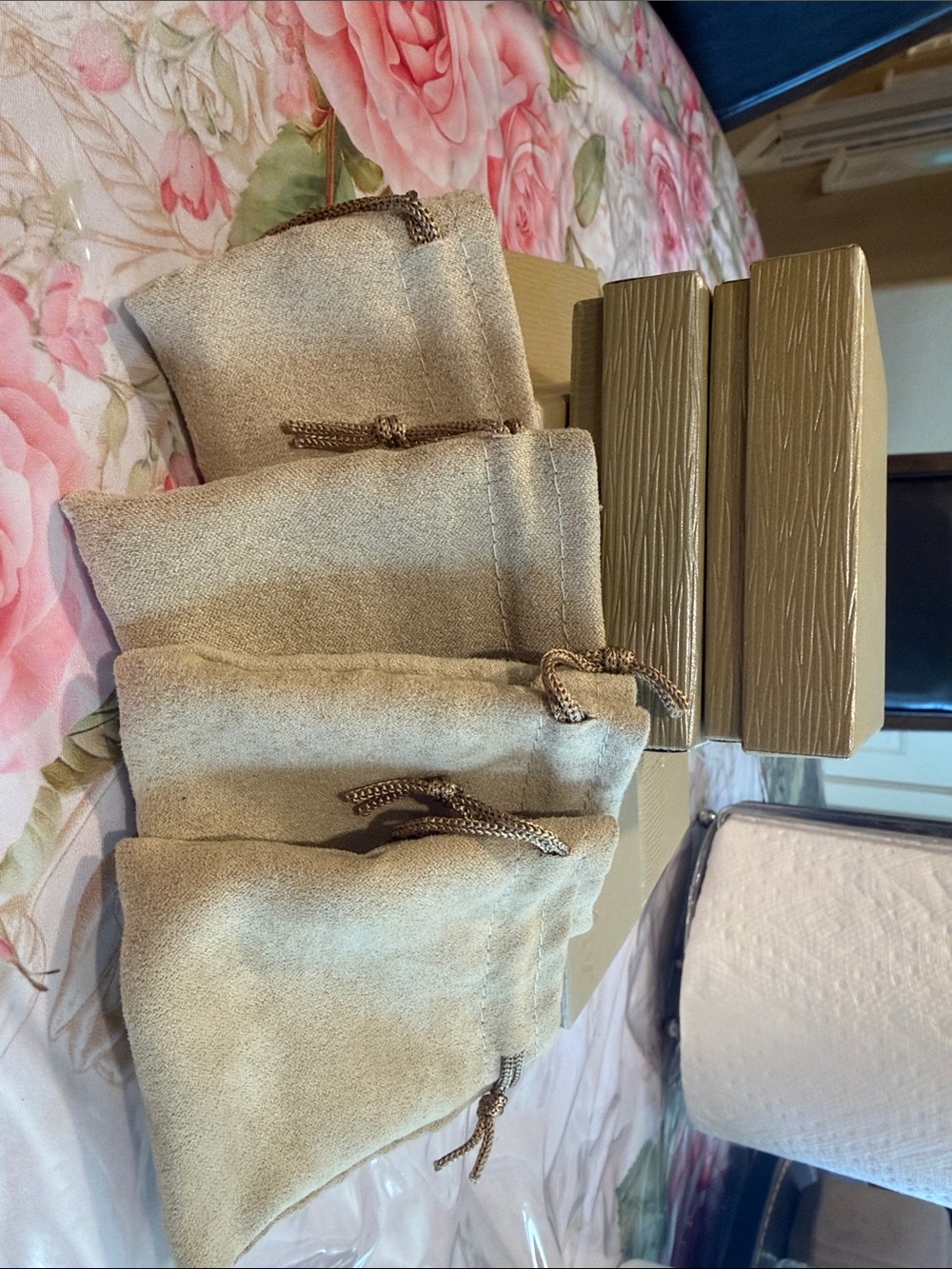 Set of Gold soft Drawstring Pouches and empty jtv boxes